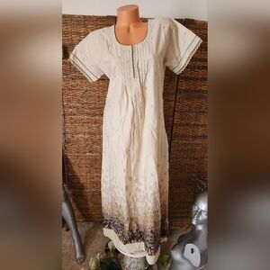 Boho Soft Long Cotton Lace Beige Polka Dot Dress Gown Sz L Sonari Night Out